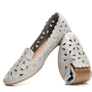 Elegant Gray Floral Cutout Loafers